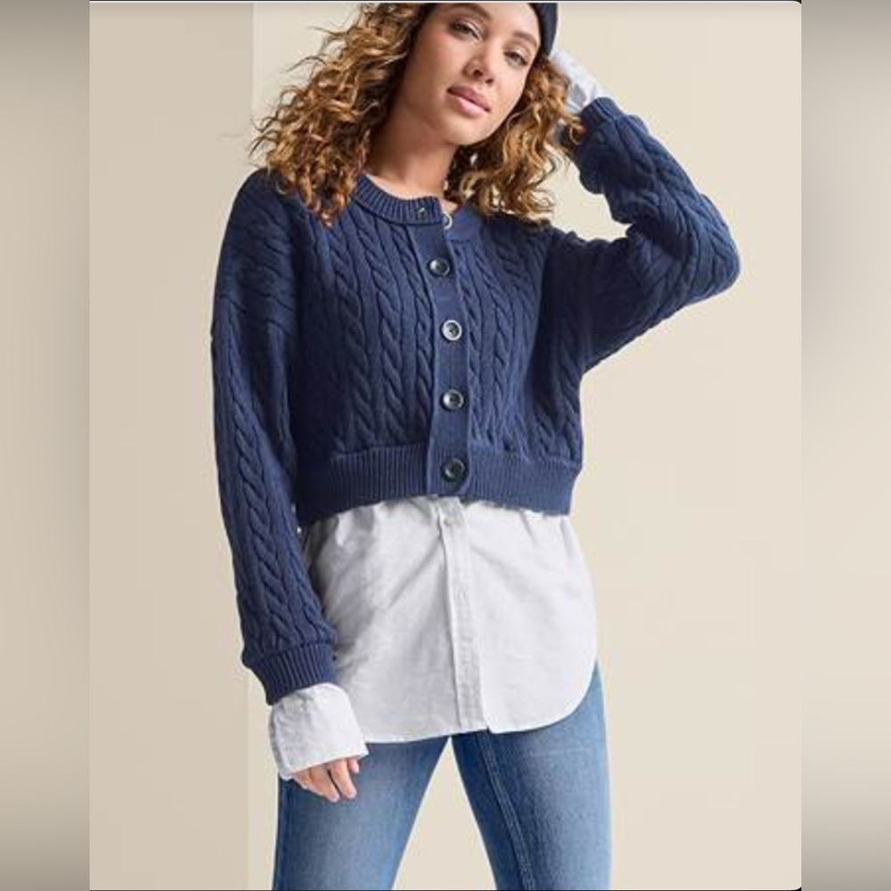 Back to School Twofer chunky Blue  knit layered Cable sweater